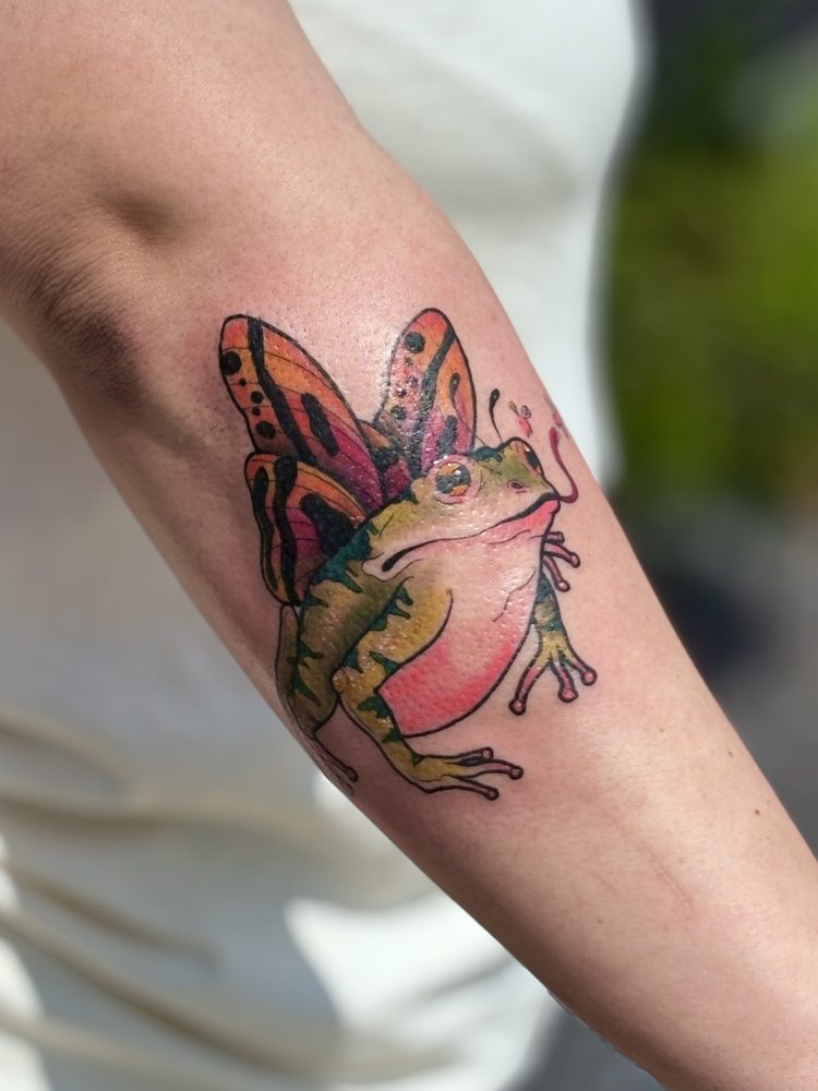 Colorful frog with orange and pink butterfly wings, neo-traditional